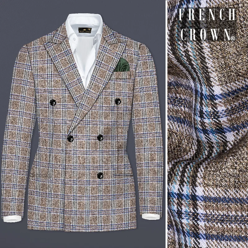 Men's Stretch - Fabric Blazer in Black for a Comfortable and Flexible Everyday WearShadow Brown with Rhino Blue Plaid Wool Blend Double Breasted Blazer