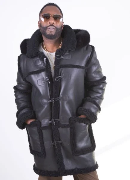 Slim - fit leather men jackets with a distressed finish for a rugged lookSheepskin Long Jacket Toggle Closer with Hood and Fur Style #4100 Slim - fit leather men jackets with a distressed finish for a rugged lookSheepskin Long Jacket Toggle Closer with Hood and Fur Style #4100