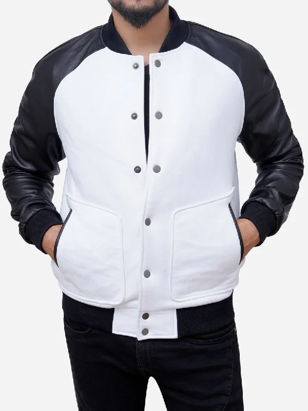 Men jackets with a zip - off sleeves to convert to a vestStanley Black and White Varsity Bomber Jacket Men jackets with a zip - off sleeves to convert to a vestStanley Black and White Varsity Bomber Jacket