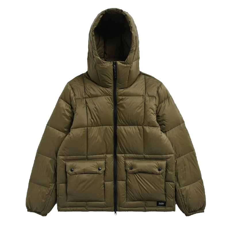 Waterproof men jackets with taped seams for heavy rain protectionTaion Volume Hood Down Jacket Olive Waterproof men jackets with taped seams for heavy rain protectionTaion Volume Hood Down Jacket Olive