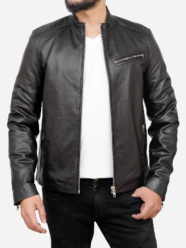 Slim - fit leather men jackets with a distressed finish for a rugged lookThomas Sheepskin Black Cafe Racer Motorcycle Jacket Slim - fit leather men jackets with a distressed finish for a rugged lookThomas Sheepskin Black Cafe Racer Motorcycle Jacket