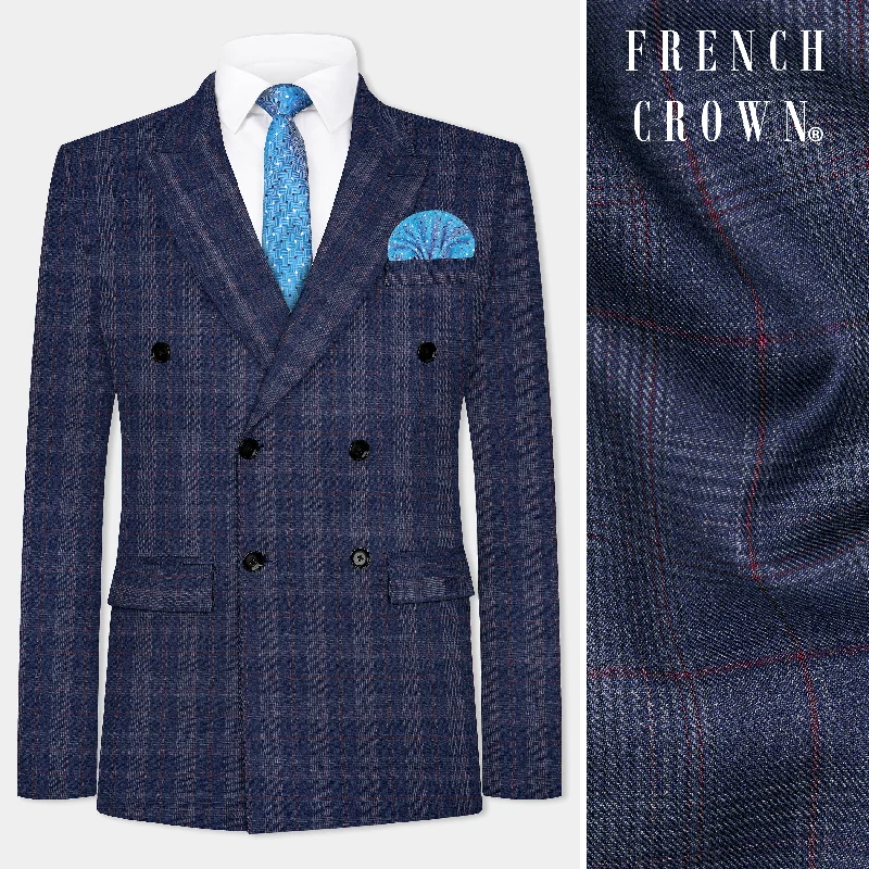 Tuna Blue Checkered Wool Blend Double Breasted Blazer