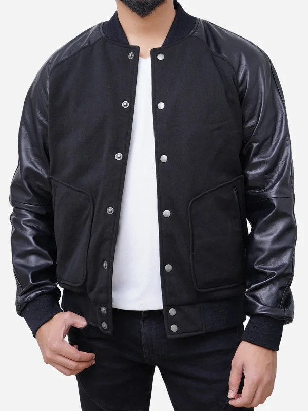 Men jackets with a hidden interior pocket for secure storageWool Blended Leather Sleeves Men Black Varsity Jacket