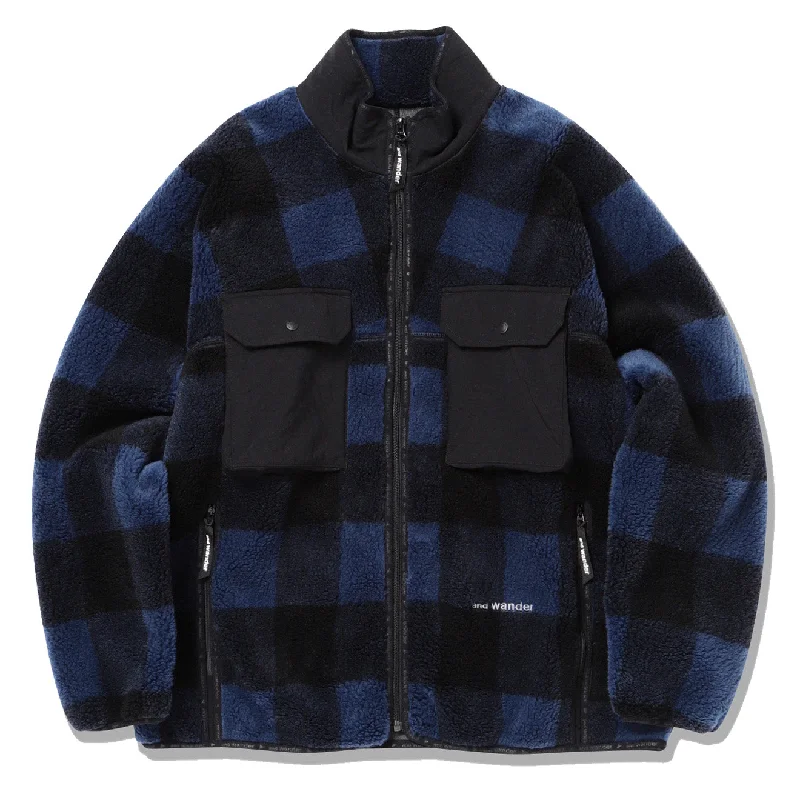 Men fleece - lined leather jackets for a luxurious feelAnd Wander Check Boa Jacket Blue Men fleece - lined leather jackets for a luxurious feelAnd Wander Check Boa Jacket Blue