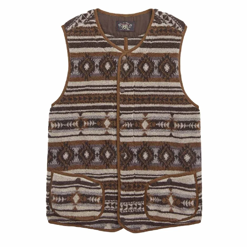 Men fleece zip - up hoodies for outdoor adventuresRRL by Ralph Lauren Buck Vest Brown Multi Men fleece zip - up hoodies for outdoor adventuresRRL by Ralph Lauren Buck Vest Brown Multi