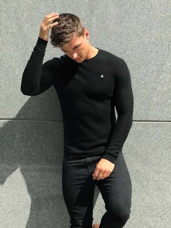 Men's Jacquard Patterned Wool - Acrylic Sweater in Purple for a Sophisticated Autumn OutfitMason Knit Sweater - Black Men's Jacquard Patterned Wool - Acrylic Sweater in Purple for a Sophisticated Autumn OutfitMason Knit Sweater - Black
