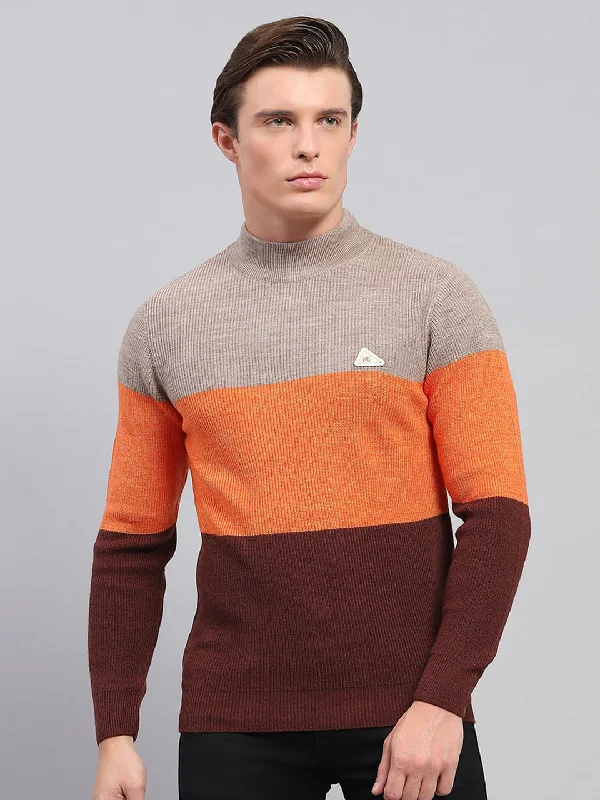 Slim Fit Men's Long - Sleeve Cotton - Linen Blend Sweater in Beige for a Summer Casual LookMen Beige & Brown Stripe High Neck Full Sleeve Pullover Slim Fit Men's Long - Sleeve Cotton - Linen Blend Sweater in Beige for a Summer Casual LookMen Beige & Brown Stripe High Neck Full Sleeve Pullover