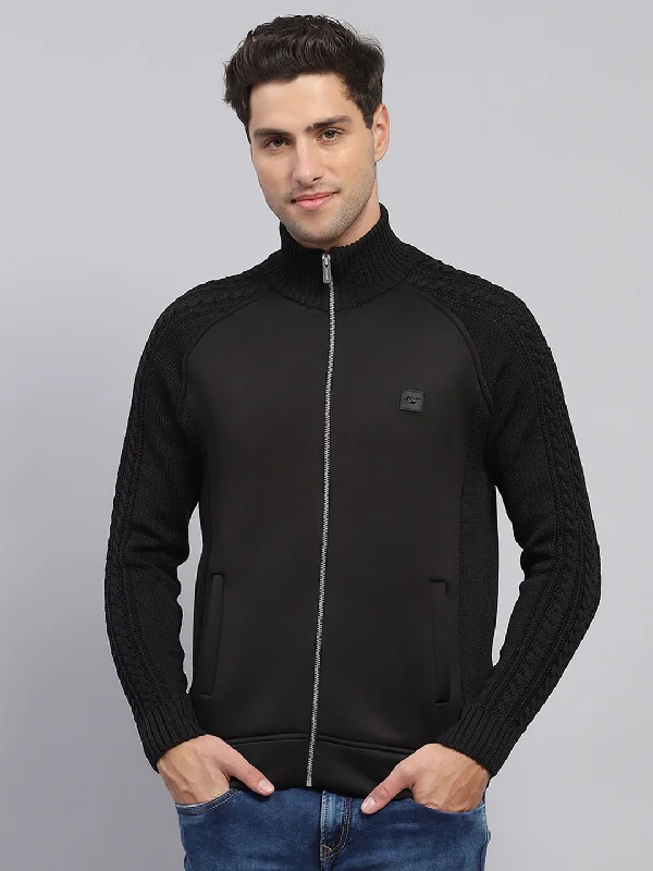 Men's Sequined Trimmed Sweater in Gold for a Glamorous New Year's PartyMen Black Self Design Mock Neck Full Sleeve Pullover