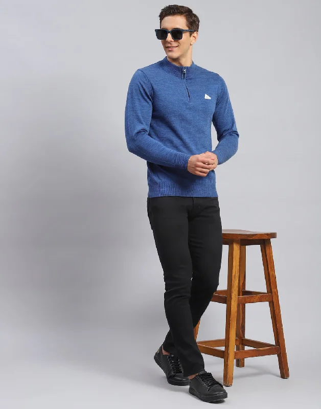 Men's Cable - Knit Turtleneck Merino Wool Sweater in Charcoal for a Winter Business LookMen Blue Solid High Neck Full Sleeve Pullover