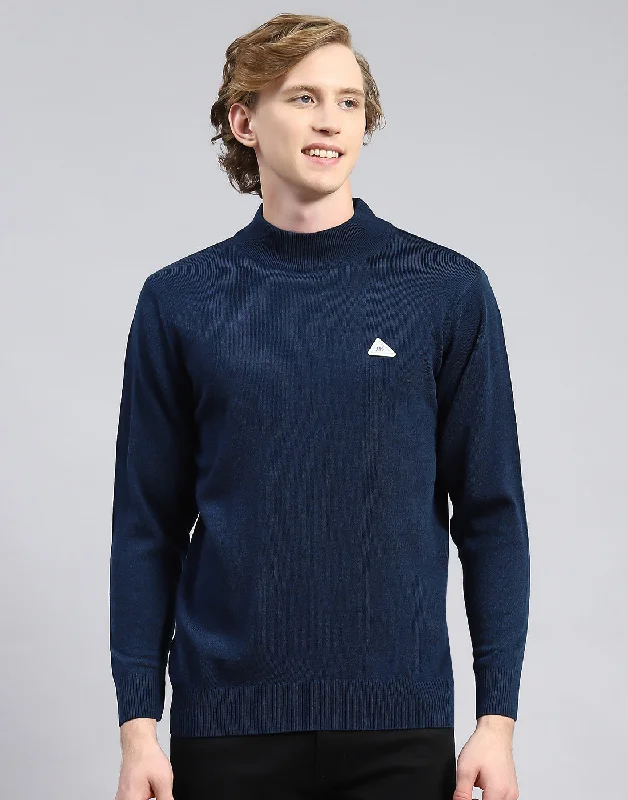 Men Blue Solid Turtle Neck Full Sleeve Pullover