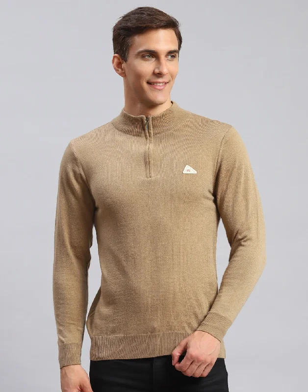 Plus Size Men's Open - Front Cardigan Sweater in Burgundy with Buttons for a Stylish LayerMen Brown Solid High Neck Full Sleeve Pullover