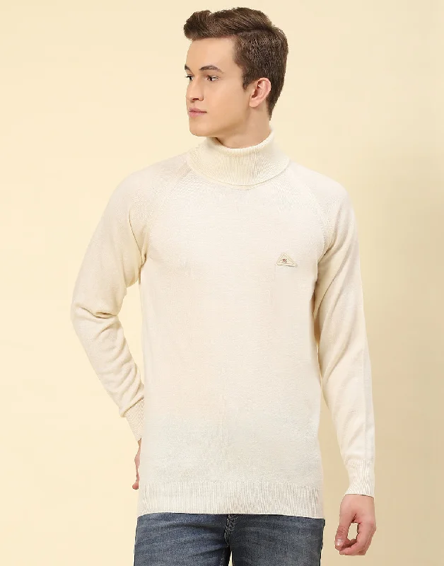 Plus Size Men's Striped Cotton - Blend Sweater in Navy and White for a Nautical - Themed VacationMen Cream Solid High Neck Full Sleeve Pullover