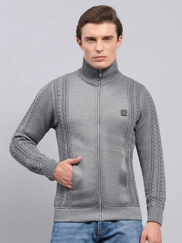 Men's Fuzzy Mohair - Blend Sweater in Light Pink for a Soft and Stylish LookMen Grey Self Design Mock Neck Full Sleeve Pullover