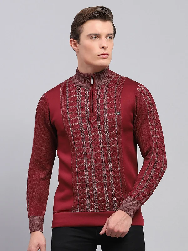 Slim Fit Men's Long - Sleeve Cotton - Linen Blend Sweater in Beige for a Summer Casual LookMen Maroon Self Design Mock Neck Full Sleeve Pullover