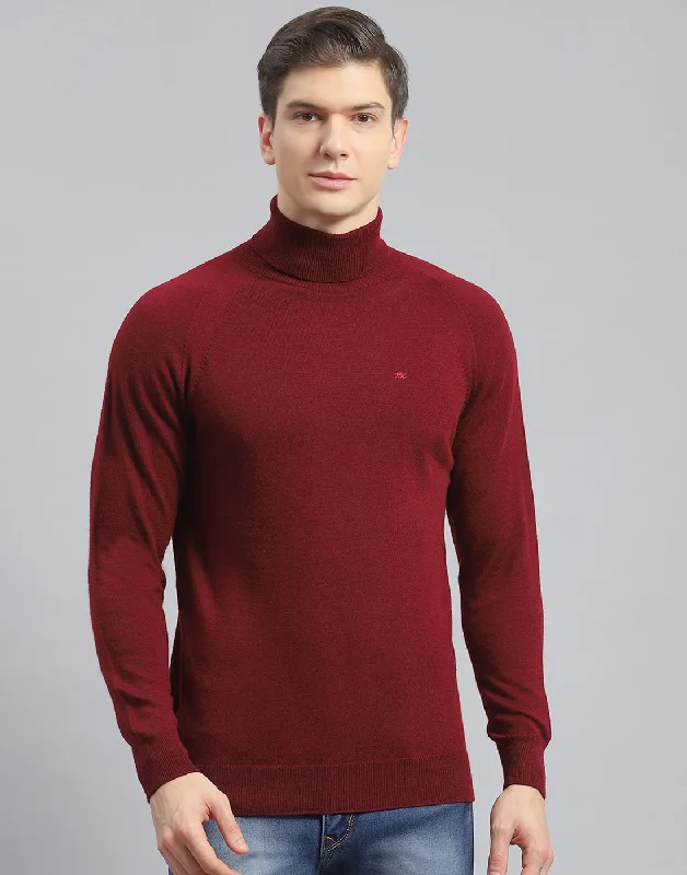 Men's Jacquard Patterned Wool - Acrylic Sweater in Purple for a Sophisticated Autumn OutfitMen Maroon Solid High Neck Full Sleeve Pullover
