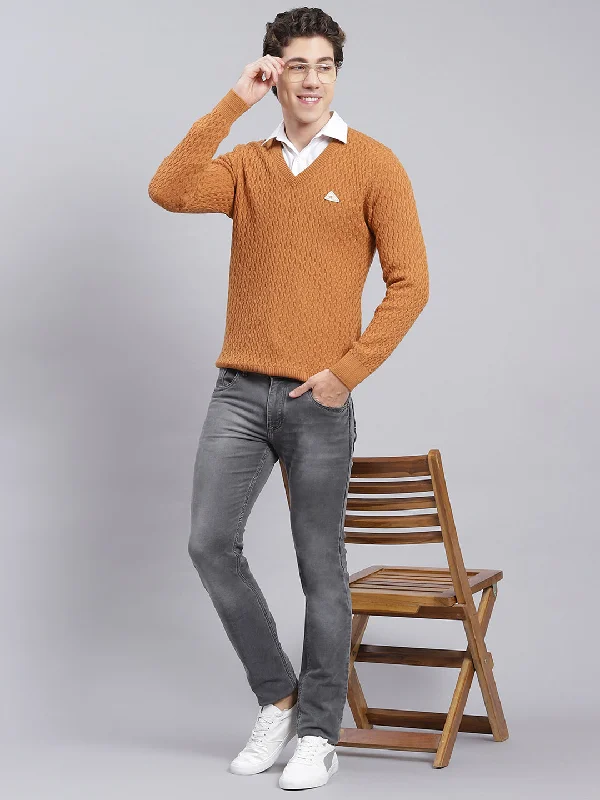 Men Mustard Self Design Wool blend Pullover