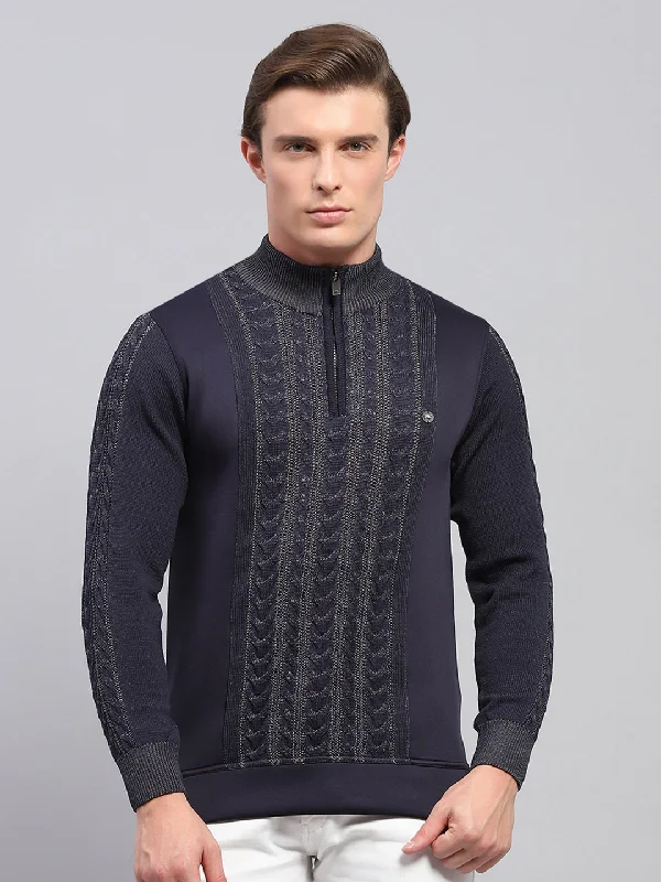 Plus Size Men's Striped Cotton - Blend Sweater in Navy and White for a Nautical - Themed VacationMen Navy Blue Self Design Mock Neck Full Sleeve Pullover