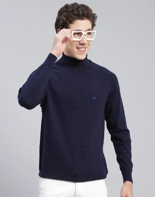 Men Navy Blue Solid High Neck Full Sleeve Pullover