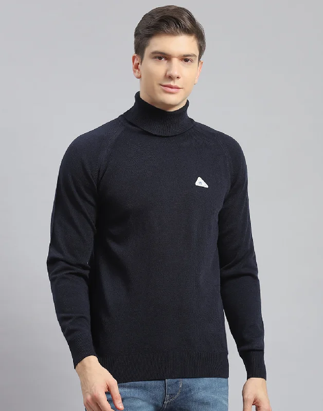 Men's Fuzzy Mohair - Blend Sweater in Light Pink for a Soft and Stylish LookMen Navy Blue Solid High Neck Full Sleeve Pullover