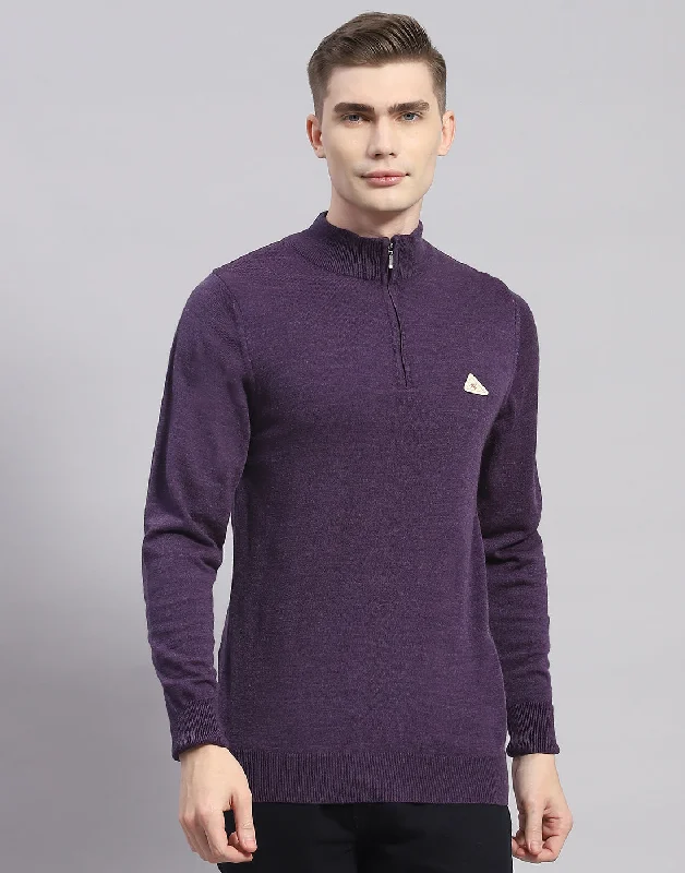 Plus Size Men's Striped Cotton - Blend Sweater in Navy and White for a Nautical - Themed VacationMen Purple Solid High Neck Full Sleeve Pullover