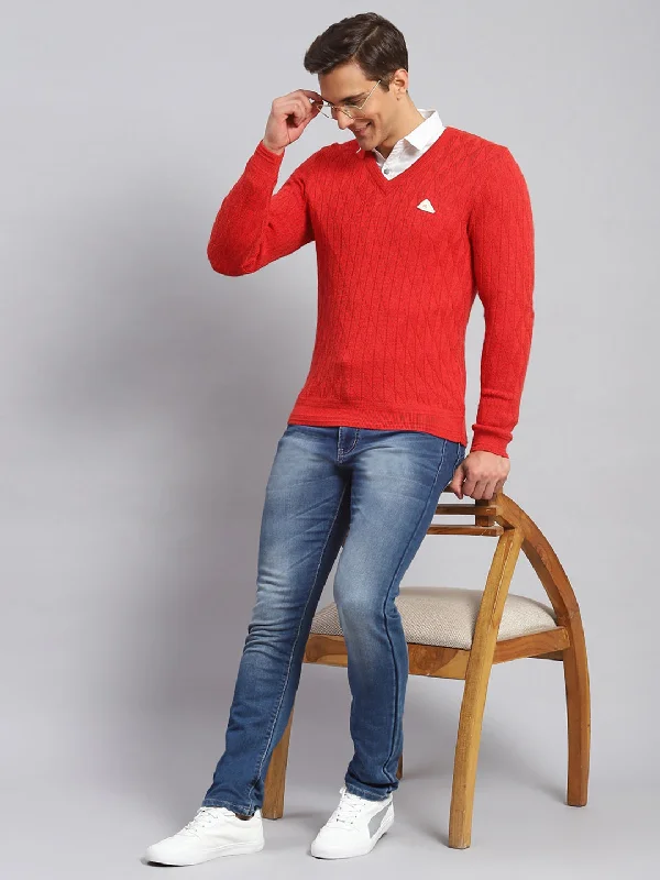 Men Red Self Design Wool blend Pullover