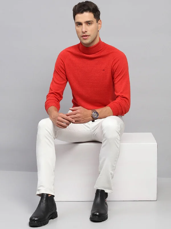 Plus Size Men's Open - Front Cardigan Sweater in Burgundy with Buttons for a Stylish LayerMen Red Solid Turtle Neck Full Sleeve Pullover