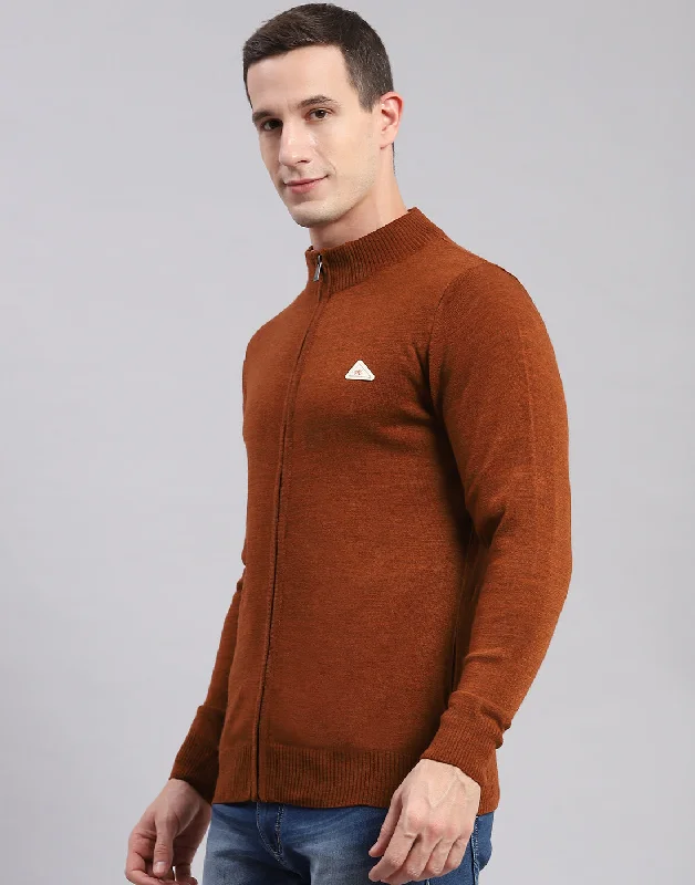 Tall Men's Button - Down Sweater in Mustard Yellow for a Pop of Color in SpringMen Rust Solid Stand Collar Full Sleeve Pullover