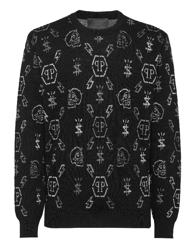 Men's Cable - Knit Turtleneck Merino Wool Sweater in Charcoal for a Winter Business LookMerino wool Pullover Round Neck LS Jacquard Monogram
