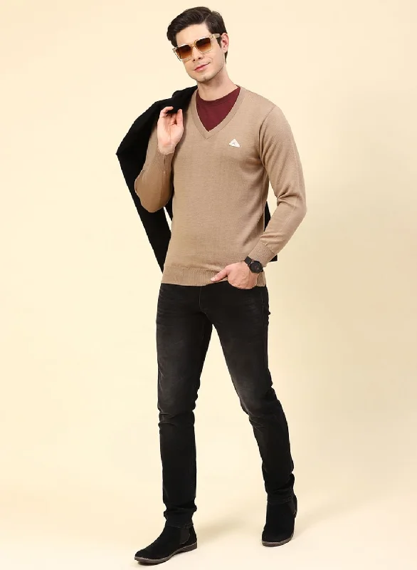 Men Beige Solid Pure wool Pullover