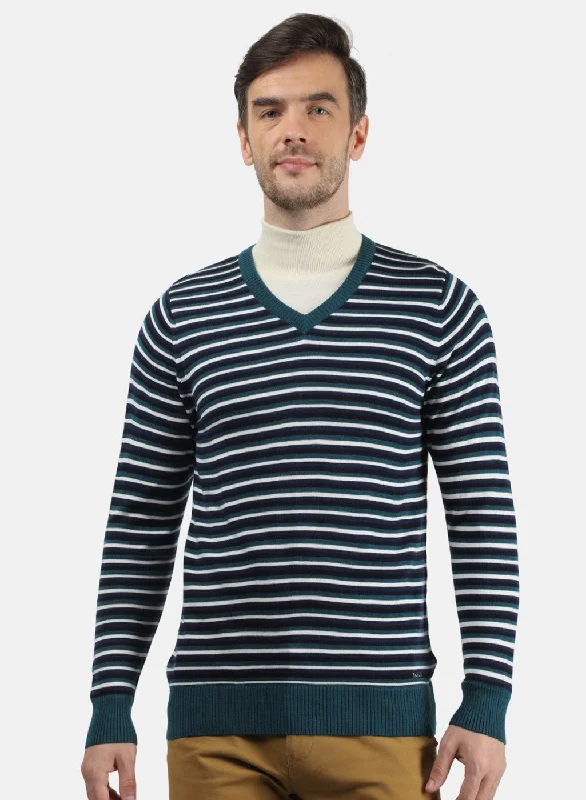 Men Sea Green & NAvy Solid Pullover