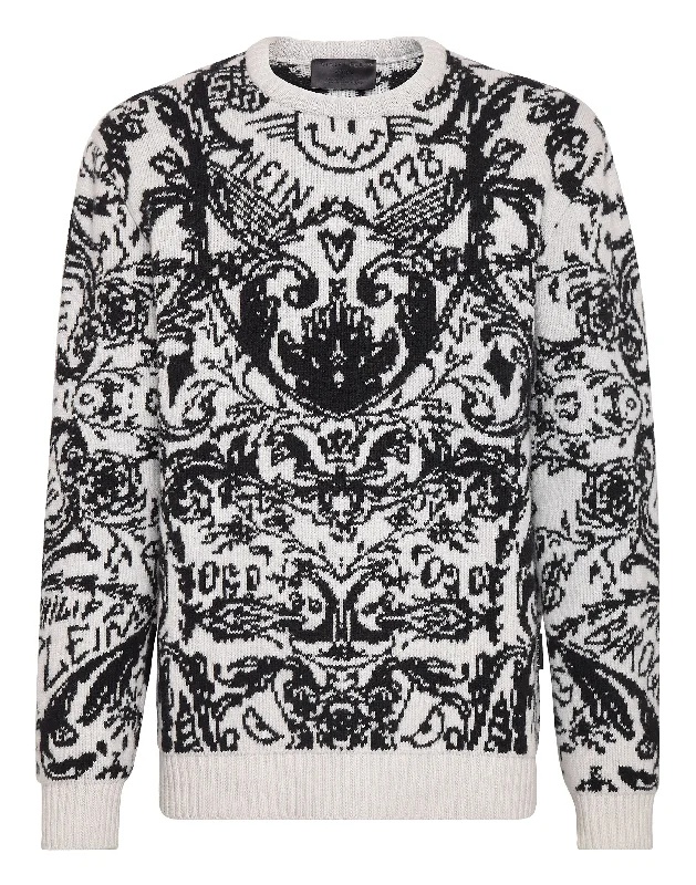 Men's Embroidered Floral Patterned Silk - Blend Sweater in Cream for a Spring - Inspired LookPullover Round Neck LS