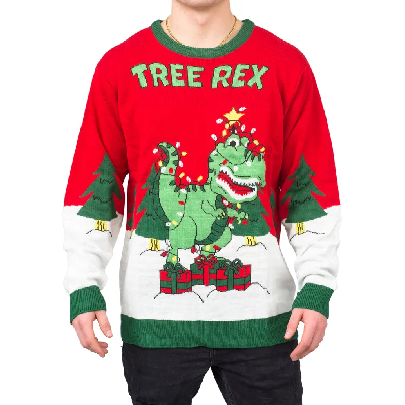 Men's Fringe - Trimmed Boho - Style Sweater in Beige for a Music Festival VibeTree Rex Light Up T-Rex Ugly Christmas Sweater