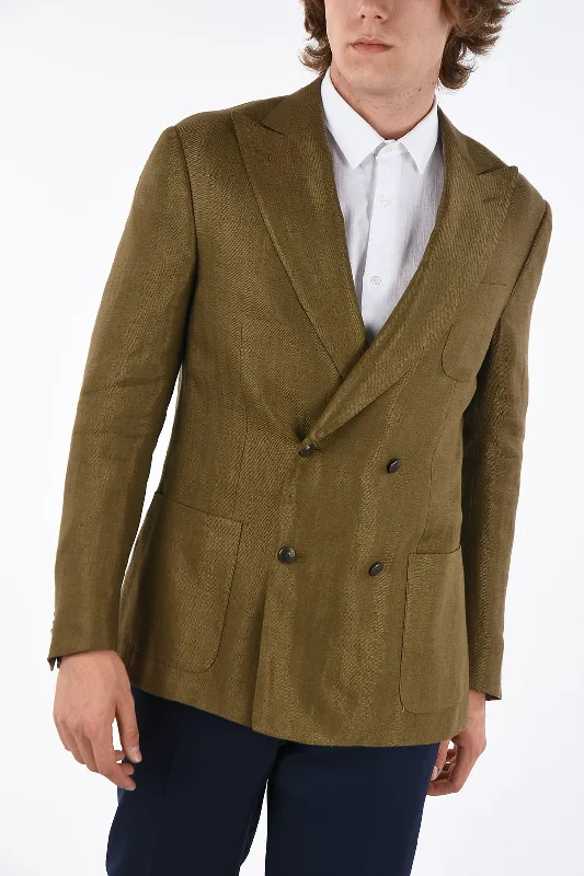 Men coats with a stand - up collar for a sleek and modern lookCorneliani Silk and Linen peak lapel GATE double-breasted blazer