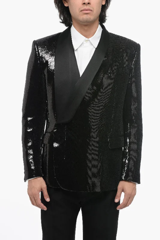 Slim - fit men coats in navy blue for a classic and sophisticated appearanceDolce & Gabbana Sequined Double-breasted Blazer With Silk Lapel Slim - fit men coats in navy blue for a classic and sophisticated appearanceDolce & Gabbana Sequined Double-breasted Blazer With Silk Lapel