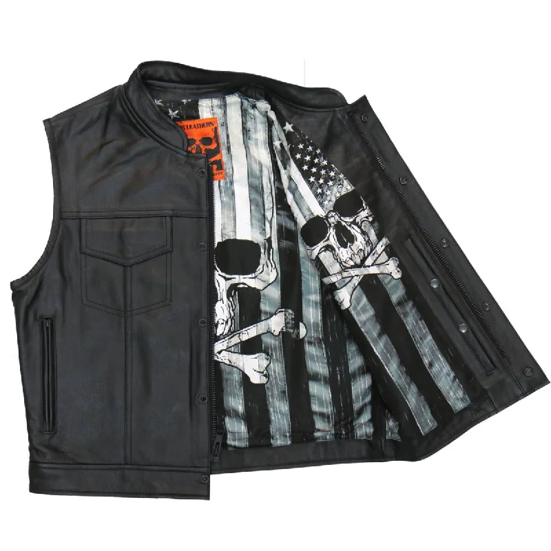 Men leather denim jackets with a combination of leather and denim for a unique hybrid styleHot Leathers VSM1054 Men’s Black 'Skull Flag' Conceal and Carry Leather Vest Men leather denim jackets with a combination of leather and denim for a unique hybrid styleHot Leathers VSM1054 Men’s Black 'Skull Flag' Conceal and Carry Leather Vest