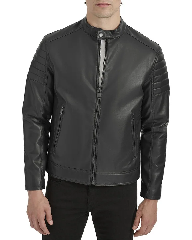 Men coats with a detachable faux - fur collar for a trendy and warm touchKenneth Cole Moto Jacket