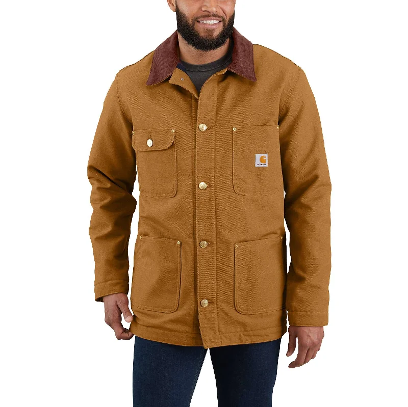 Men coats with a zip - out lining for easy cleaning and versatilityLoose Fit Firm Duck Blanket-Lined Chore Coat