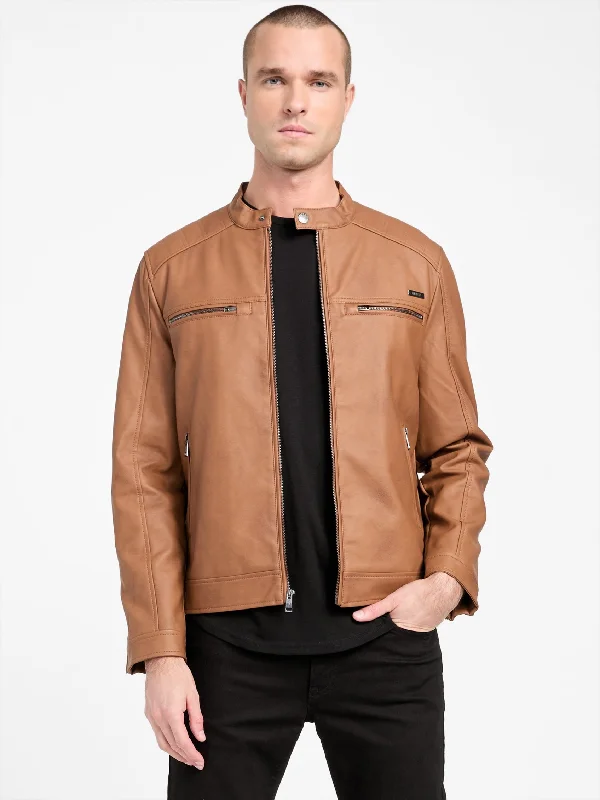 Slim - fit men coats in navy blue for a classic and sophisticated appearanceMack Faux-Leather Moto Jacket