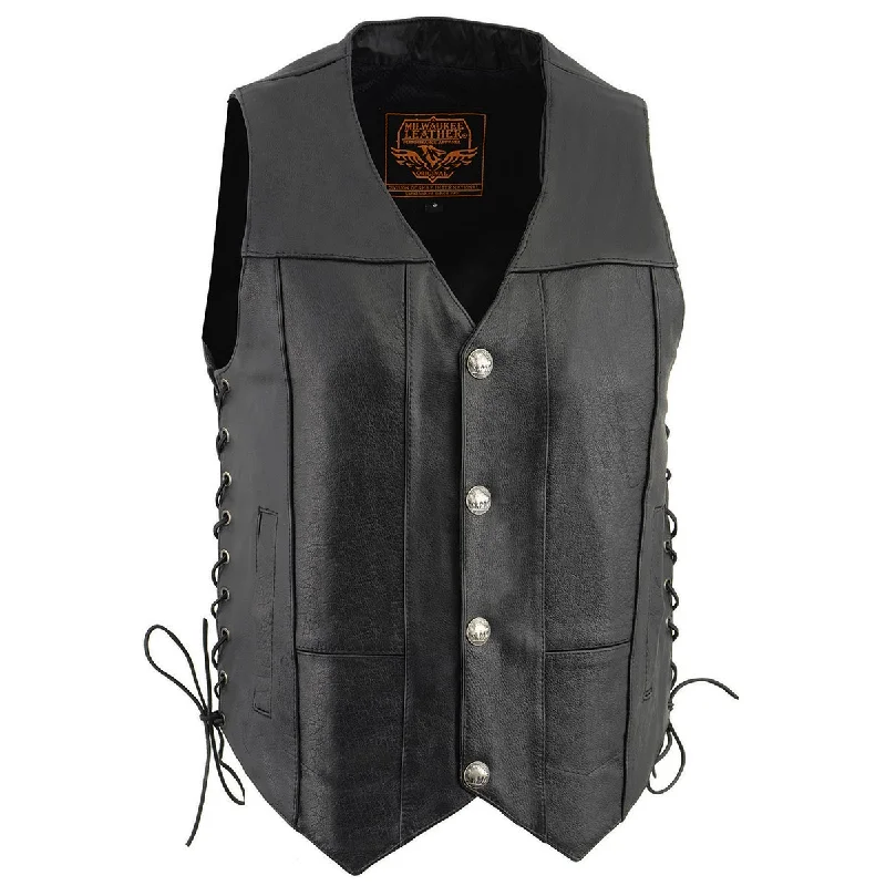 Men leather sport coats with a stretch - fabric panel for enhanced mobilityMilwaukee Leather LKM3701 Men's Black Leather Classic V-Neck Motorcycle Rider Vest w/ Buffalo Snaps and Side Laces Men leather sport coats with a stretch - fabric panel for enhanced mobilityMilwaukee Leather LKM3701 Men's Black Leather Classic V-Neck Motorcycle Rider Vest w/ Buffalo Snaps and Side Laces