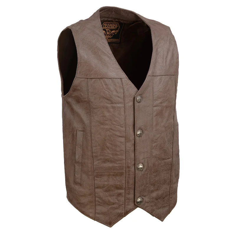 Men leather vests with a zip - front for easy layering and a cool biker - inspired styleMilwaukee Leather LKM3702 Men's Leather V-Neck Western Style Motorcycle Rider Vest w/Classic Buffalo Snaps Closure Men leather vests with a zip - front for easy layering and a cool biker - inspired styleMilwaukee Leather LKM3702 Men's Leather V-Neck Western Style Motorcycle Rider Vest w/Classic Buffalo Snaps Closure