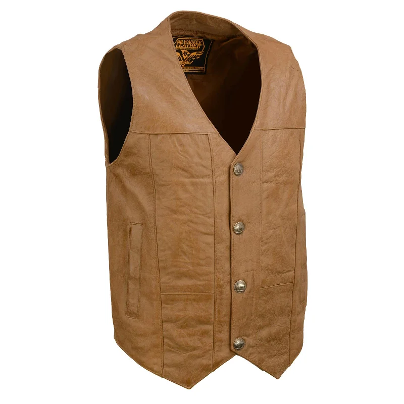 Men leather waistcoats with a decorative button - front for a formal and refined lookMilwaukee Leather LKM3702 Men's Saddle Leather Classic V-Neck Western Style Motorcycle Rider Vest w/ Buffalo Snaps Men leather waistcoats with a decorative button - front for a formal and refined lookMilwaukee Leather LKM3702 Men's Saddle Leather Classic V-Neck Western Style Motorcycle Rider Vest w/ Buffalo Snaps