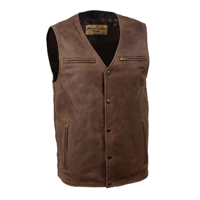 Men leather waistcoats with a decorative button - front for a formal and refined lookMilwaukee Leather MLM3518 Men's Gambler Snap Front Vintage Crazy Horse Brown Motorcycle Leather Vest Men leather waistcoats with a decorative button - front for a formal and refined lookMilwaukee Leather MLM3518 Men's Gambler Snap Front Vintage Crazy Horse Brown Motorcycle Leather Vest