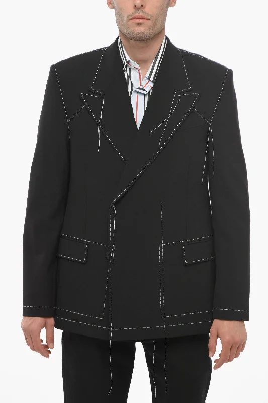 Men coats with a quilted pattern for added texture and warmthOff-White Double-breasted Wool Blend Blazer with Visible Stitchings