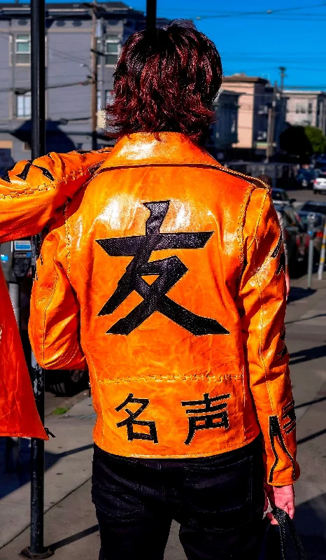 Men leather pea jackets with a high - collar for added warmth and a classic nautical styleKanji Inlay One of a Kind Biker Men leather pea jackets with a high - collar for added warmth and a classic nautical styleKanji Inlay One of a Kind Biker
