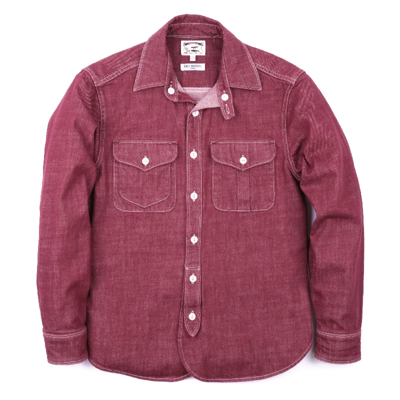 Men leather safari jackets with a breathable cotton - blend exterior for outdoor adventuresThomson Camp Shirt, USA Cone Burgundy Denim (10oz) Men leather safari jackets with a breathable cotton - blend exterior for outdoor adventuresThomson Camp Shirt, USA Cone Burgundy Denim (10oz)