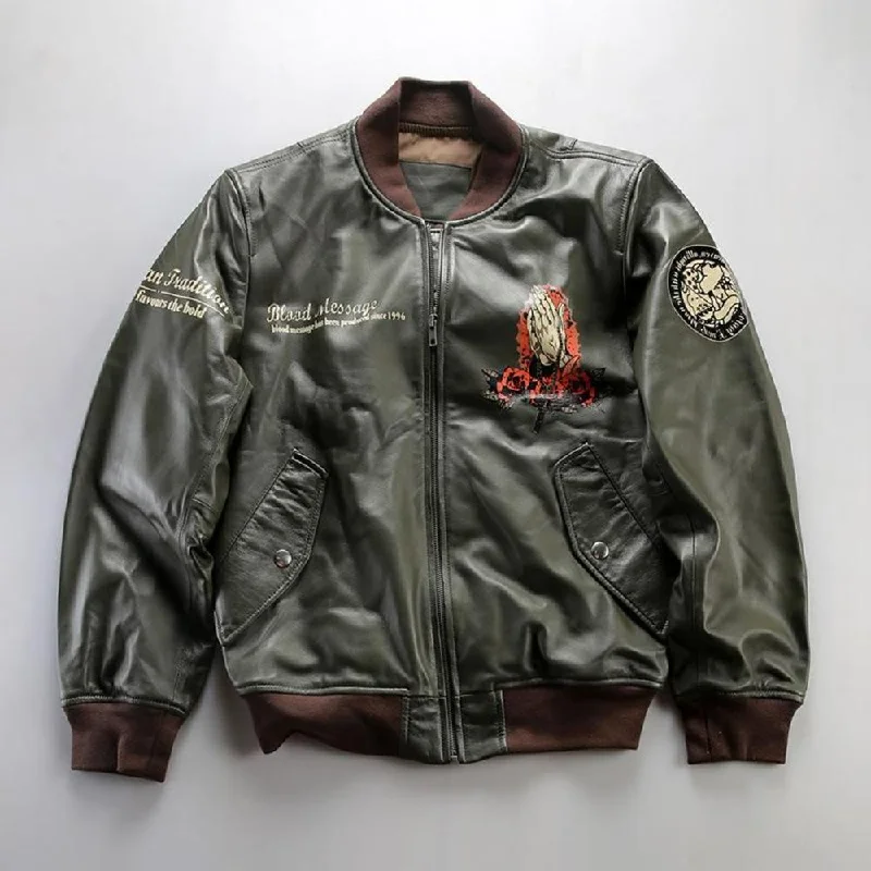 Men leather jackets with a distressed look for a rugged and vintage appealVintage American Flame Lotus Bomber Leather Jacket Men leather jackets with a distressed look for a rugged and vintage appealVintage American Flame Lotus Bomber Leather Jacket