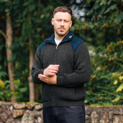 Quilted men waistcoats filled with down for winter warmthFull Zipped Cardigan with Harris Tweed® Shoulder Patches Quilted men waistcoats filled with down for winter warmthFull Zipped Cardigan with Harris Tweed® Shoulder Patches