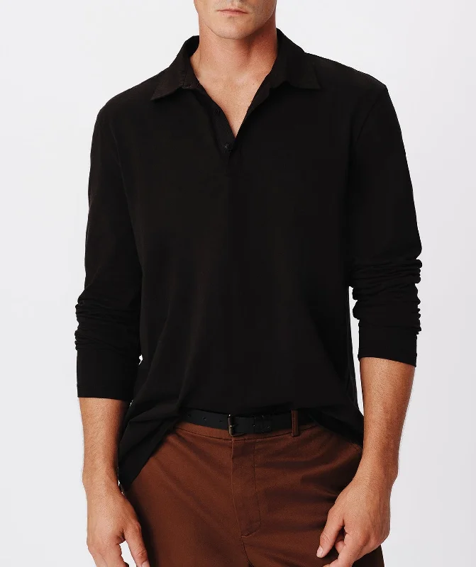 Men's stretchable athletic polo shirts for fitness workoutsHeavyweight Jersey Seamed Long Sleeve Polo - Black
