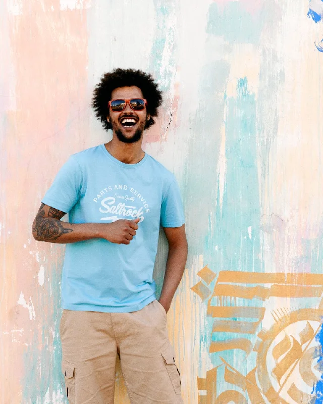 Men's button - front t - shirts with a unique artistic printLast Stop Motel - Mens T-Shirt - Light Blue