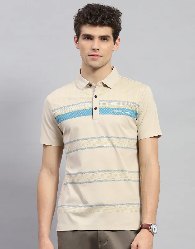 Men's high - collar polo shirts with a modern twistMen Beige Stripe Polo Collar Half Sleeve T-Shirt Men's high - collar polo shirts with a modern twistMen Beige Stripe Polo Collar Half Sleeve T-Shirt
